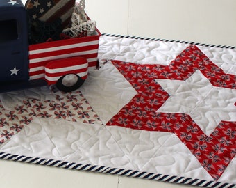 Quilted Patriotic Table Runner, 20" X 48" Table Quilt, Red, White  & Blue Chain