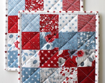 Patriotic Mug Rug Set: Red, White, and Blue Cotton Snack Mats (8" x 8")
