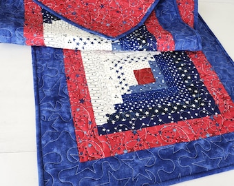 Red White Blue Patchwork Quilted Table Runner, Patriotic Cotton Summer Decor