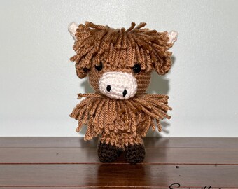 Handmade Light Brown Crochet Highland Cow – Amigurumi Scottish Cow Plush – Soft Farm Animal Toy