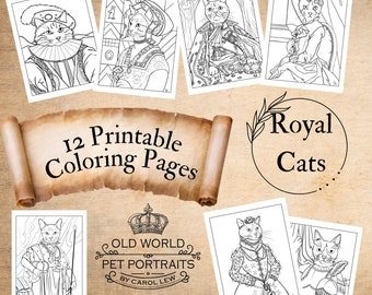 Cat Coloring Pages, Instant Download, 12 Printable Pages, For Kids and Adult Coloring