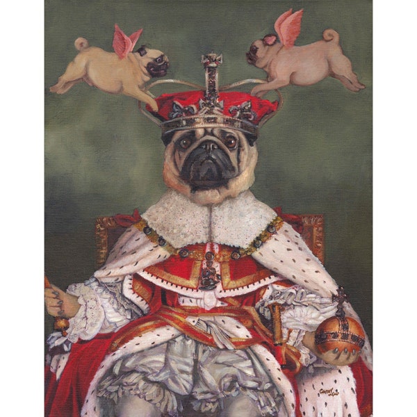 Pug Wall Art Print, Pug Portrait, Pug Lover, White Elephant Gag,  Dog Gifts for Owners, Pug Coronation