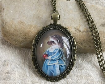 Mrs. Hedgehog Portrait Pendant Necklace: Antique Bronze Bezel