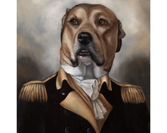 Puede incluir: Una pintura de un perro vestido con un uniforme militar con ribetes dorados. El perro tiene pelo marrón y mira directamente al espectador. El fondo es de un gris apagado.