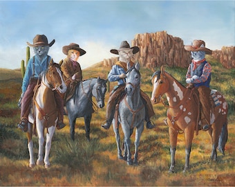 May include: Four cats dressed as cowboys riding horses in a desert landscape. The cats are wearing hats, bandanas, and vests. The horses are brown, gray, and white with spots. The background is a blue sky with clouds and a rocky mountain range.