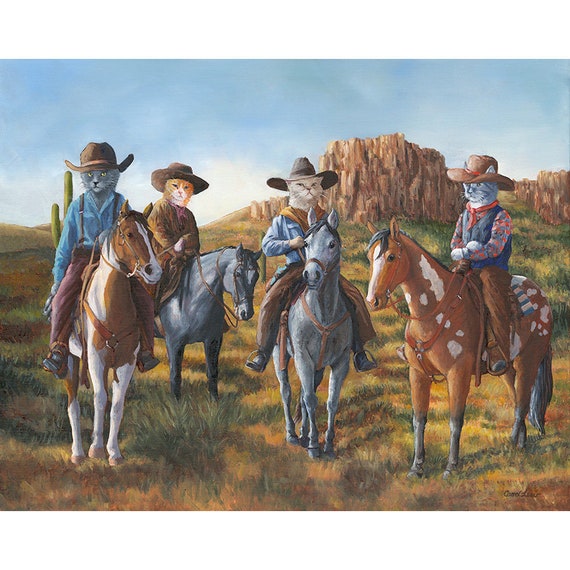 Divertente stampa artistica di un gatto cowboy - Regalo stravagante per gli amanti dei gatti western - Italia