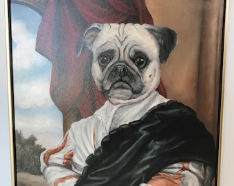 Lámina enmarcada de un Pug con espada: Retrato caprichoso de mascota (16,5 x 20,5)