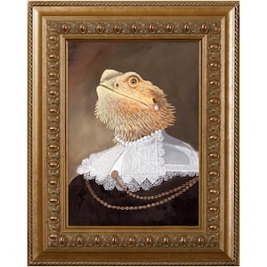 May include: A framed painting of a bearded dragon wearing a white lace collar and a black dress. The dragon has a pearl earring and is looking up.