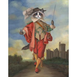 May include: A painting of a cat dressed in a 17th-century style outfit, holding a small mouse in one hand and a sword in the other. The cat is wearing a red and gold doublet, a white ruff, and a feathered hat. The background is a cloudy sky with a castle in the distance.