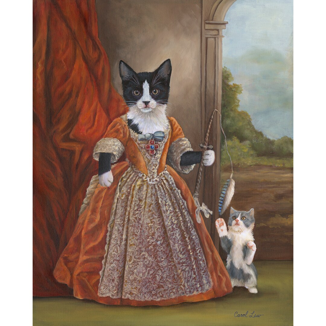 Tuxedo Cat Art Print: Whimsical Kitty With Feather Toy - Etsy