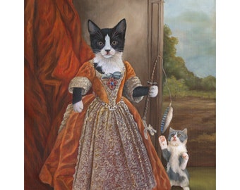 Könnte beinhalten: Eine schwarz-weiße Katze, die ein langes, orangefarbenes und goldenes Kleid mit Spitzenbesatz trägt, hält eine Spielmaus an einem Stock. Eine kleinere grau-weiße Katze beobachtet vom Türrahmen aus.