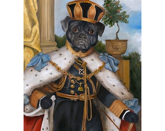 Black Pug, Buster Prints, Pug Gifts, King Pug Portrait, Dog Decor