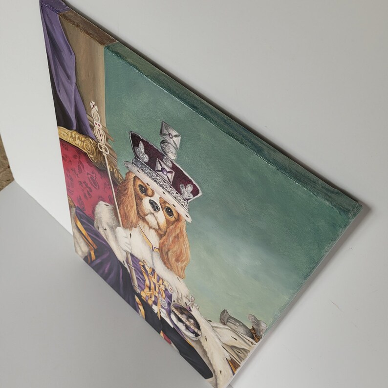 May include: A painting of a Cavalier King Charles Spaniel wearing a crown and royal robes, sitting on a throne. The dog is holding a sceptre in its paw. The background is a green and purple colour.