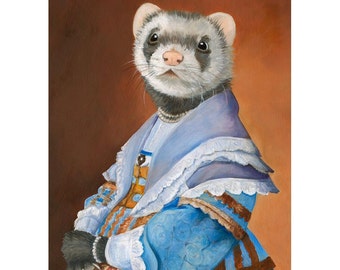 Ferret, Ferret Portrait, Canvas Prints, Ferret Art, Ferret Wall Art, Ferret in a Blue Dress