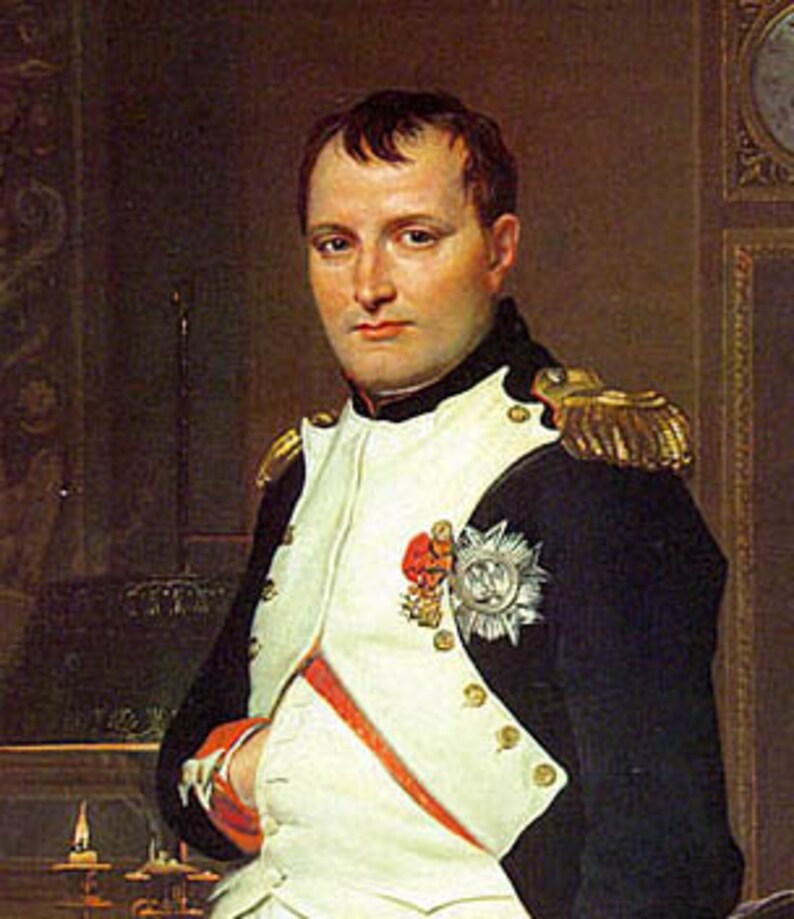 May include: A portrait painting of Napoleon Bonaparte in military uniform. He is wearing a white shirt with a red sash and a black jacket with gold trim. He has a serious expression on his face.