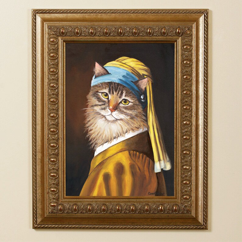 May include: A framed painting of a cat in the style of Johannes Vermeer's "Girl with a Pearl Earring." The cat wears a blue headscarf, a yellow dress, and a pearl earring. The frame is gold with ornate detailing.