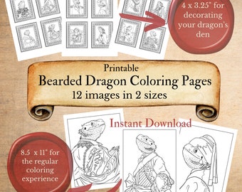 Bearded Dragon, Coloring Pages, Instant Download, 12 Printable Pages, Bearded Dragon Den, Decor