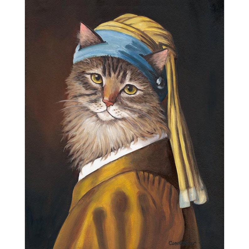 May include: A painting of a cat in the style of Johannes Vermeer's "Girl with a Pearl Earring." The cat wears a blue headscarf and a yellow turban, with a pearl earring. The cat is wearing a yellow coat with a white collar.