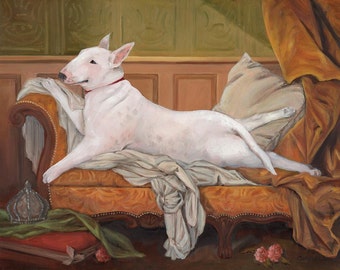 Bull Terrier Prints, Reclining Bull Terrier Odalisque, Whimsical Dog Art