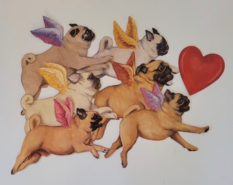 Pug Angels, Christmas Tree Ornaments, Tree Garland, Valentine Bunting, 6 Different Pugs, 3 Sizes,Instant Download, Digital Download