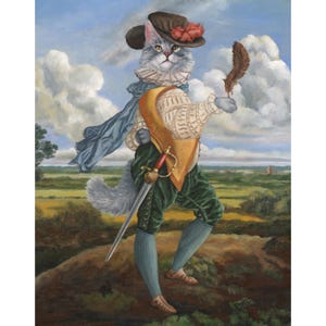 May include: A gray cat dressed in a blue and yellow costume, holding a feather in its right paw. The cat is wearing a brown hat with a red feather, a white ruff, and a green and yellow doublet. The cat is standing on a rocky hill with a green field and blue sky in the background.