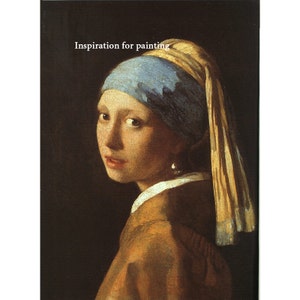 May include: A portrait of a young woman with a pearl earring, wearing a blue and yellow headscarf and a brown jacket. The text "Inspiration for painting" is at the top of the image. The painting has a dark background.