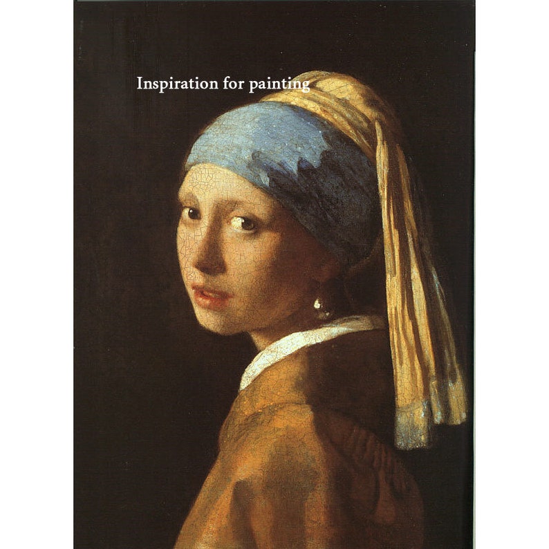 May include: A portrait of a young woman with a pearl earring, wearing a blue and yellow headscarf and a brown jacket. The text "Inspiration for painting" is at the top of the image. The painting has a dark background.