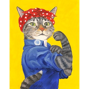 May include: A painting of a cat in a blue jumpsuit and a red polka-dot bandana, flexing its arm. The cat has gray and brown fur, green eyes, and a determined expression. The background is a solid yellow.