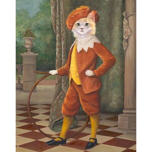 May include: A whimsical painting depicts a cat dressed in Renaissance attire, including a beret, jacket, and breeches. The cat holds a hoop, standing on a checkered floor with a garden backdrop. The color palette features shades of orange, yellow, and brown.