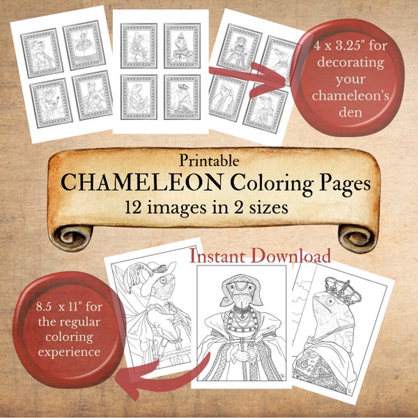 Cameleon, Coloring Pages, Instant Download, Printable Pages, Chameleon Den, Decor