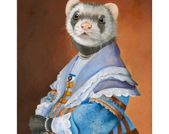 Ferret Prints, Ferret in a Blue Dress, Ferret Art Portrait, Ferret Clothes