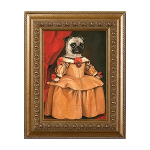 May include: A framed painting of a pug dog dressed in a gold and brown gown with a red flower on its chest. The dog is sitting on a red velvet chair with a red curtain behind it.