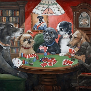Canvasafdrukken honden aan het pokeren, honden spelen kaarten, gameroomdecoratie