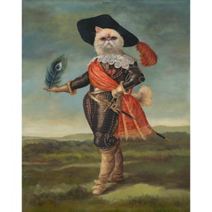 May include: A white Persian cat dressed as a 17th-century gentleman, wearing a black hat with a red feather, a white lace collar, a red sash, and black armor. The cat is holding a peacock feather in its right paw and a sword in its left paw. The cat is standing on a grassy field with a forest in the background.