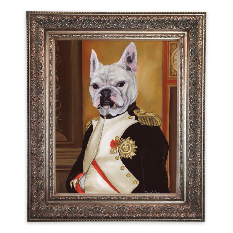 May include: A white French bulldog wearing a military uniform with gold buttons and a red sash. The dog is posed in a formal portrait setting with a gold background.