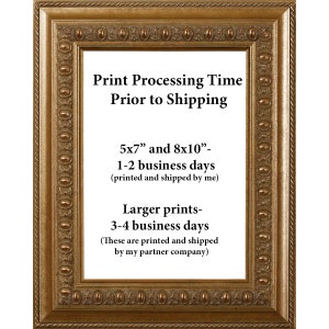 May include: A gold-coloured frame with a white background and black text. The text reads "Print Processing Time Prior to Shipping 5x7" and 8x10" - 1-2 business days (printed and shipped by me) Larger prints - 3-4 business days (These are printed and shipped by my partner company)"