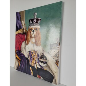 May include: A Cavalier King Charles Spaniel dog wearing a royal purple and gold robe and a crown, holding a sceptre and a golden orb. The dog is sitting on a throne with a green background.