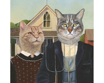 American Gothic Cat Art Print: Whimsical Feline Parody for Home Decor
