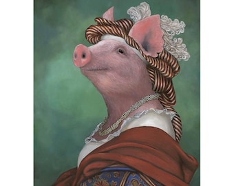 Pig in Clothes, Canvas Prints, Lady Piggy, Barnyard Animal Art, Pig in a Blanket