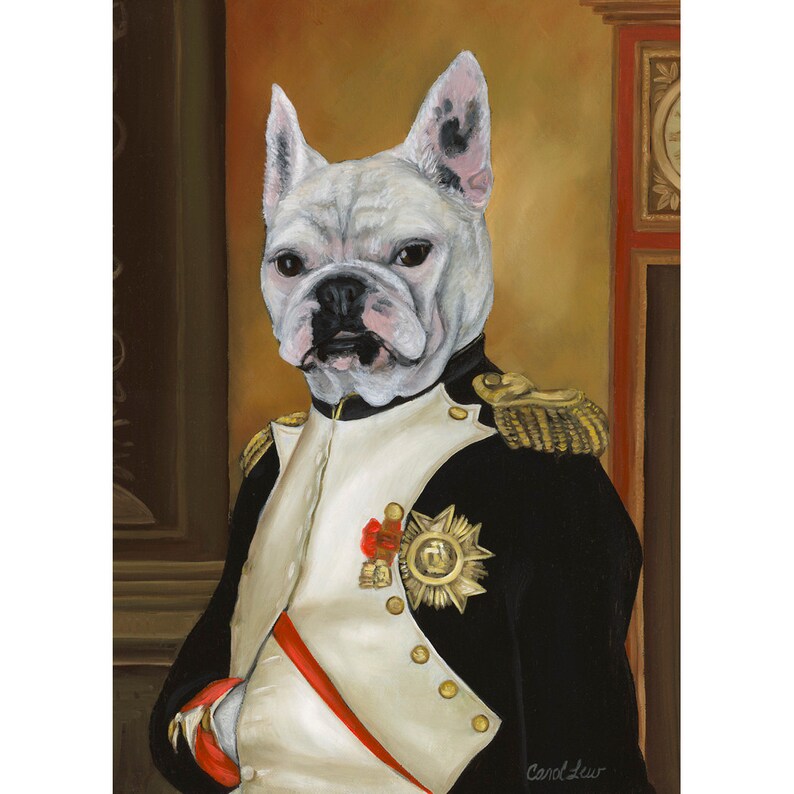 May include: A white French Bulldog wearing a black and white military uniform with gold trim and a red and gold star. The dog is looking directly at the viewer.