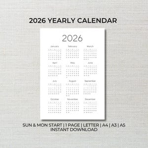 2026 Printable Calendar, 2026 Yearly Calendar, Year At A Glance Calendar in A4, A3, A5, Letter, Year Calendar 12 months, Instant Download