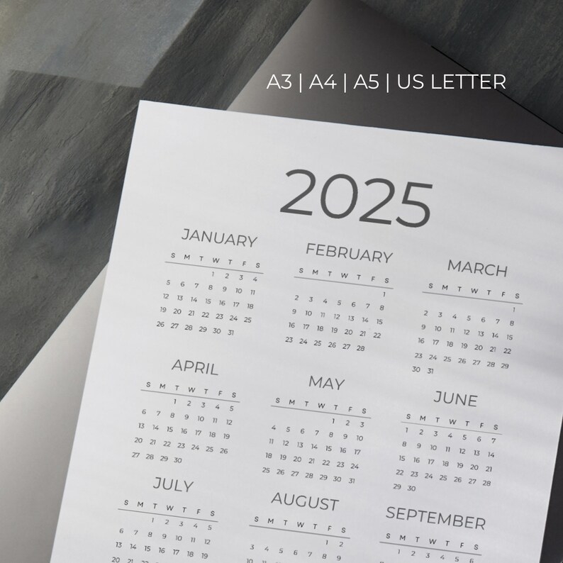 2025 Printable Calendar, 2025 Yearly Calendar, Year at A Glance