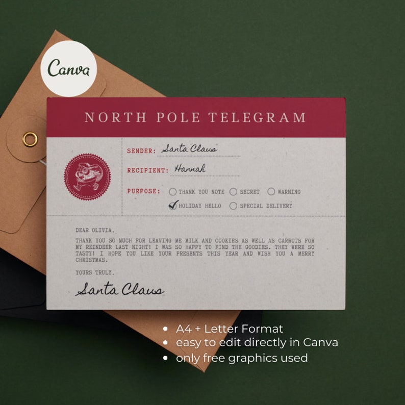 Editable Telegram Letter From Santa Claus Printable Christmas Letter ...