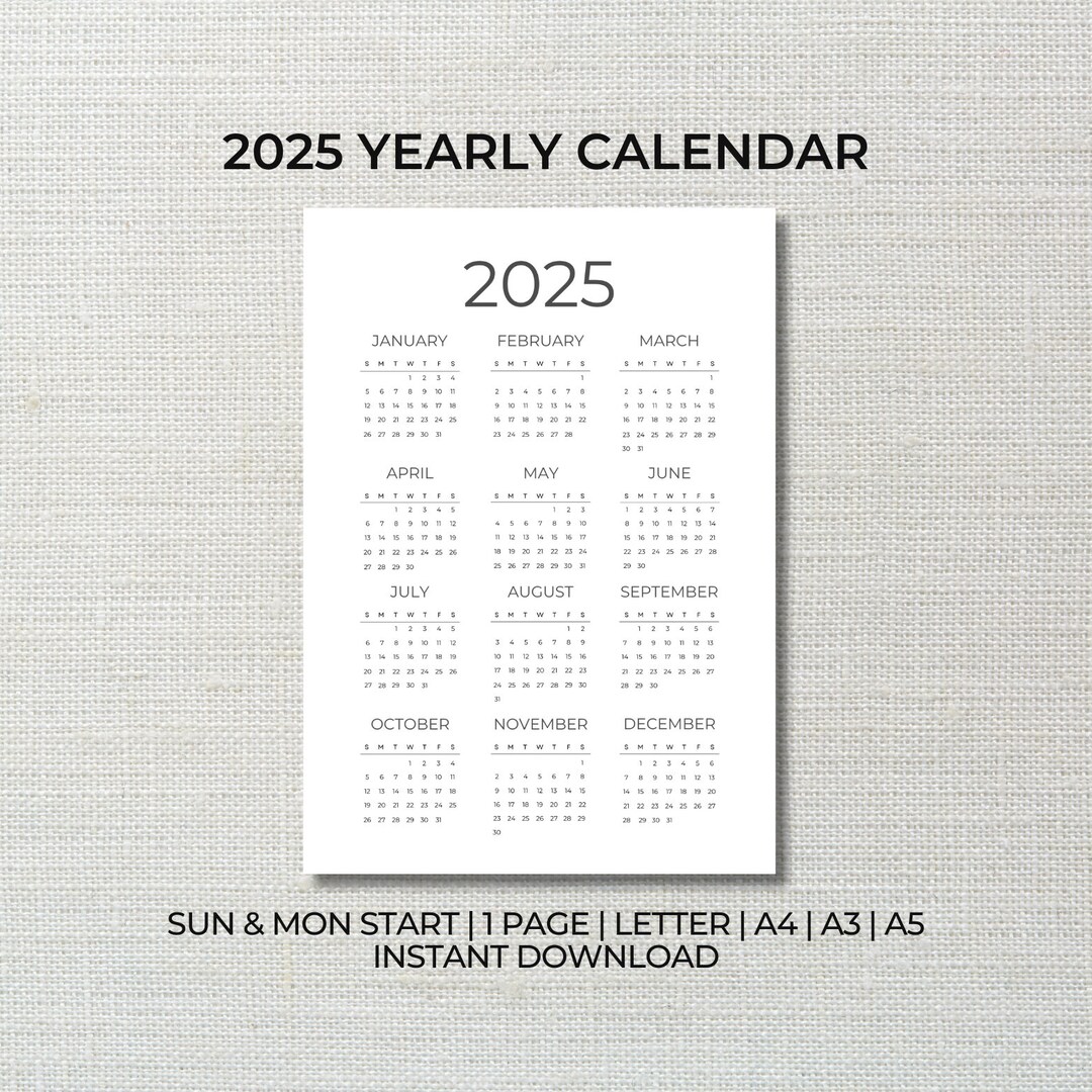 2025 Printable Calendar, 2025 Yearly Calendar, Year at A Glance