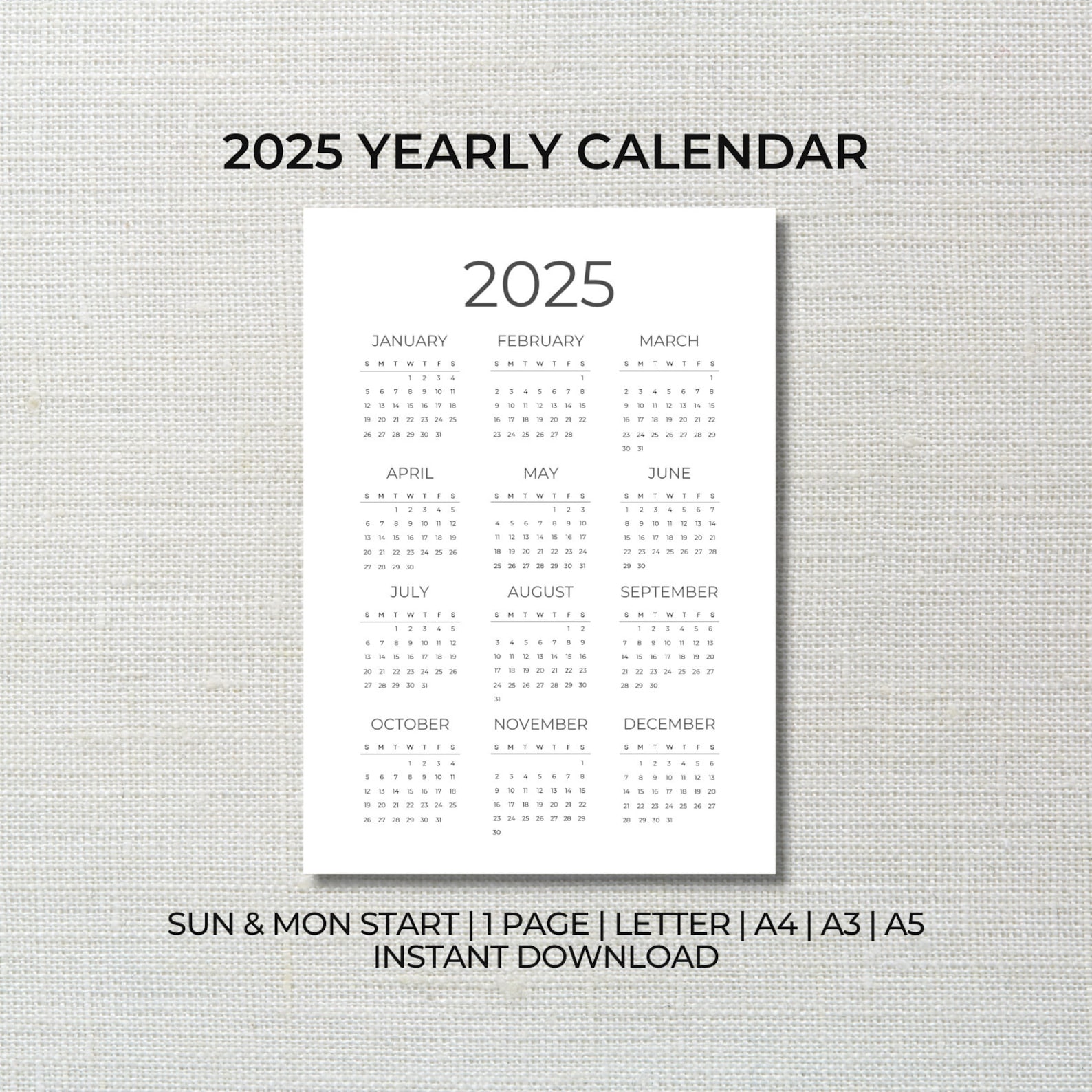 2025 Printable Calendar, 2025 Yearly Calendar, Year at A Glance