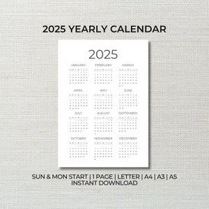2025 Printable Calendar, 2025 Yearly Calendar, Year At A Glance Calendar in A4, A3, A5, Letter, Year Calendar 12 months, Instant Download