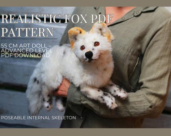 Realistic Fox Sewing Pattern PDF | Faux Taxidermy Plush with Skeleton | 55cm Poseable Art Doll