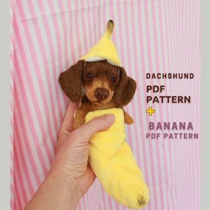 Könnte beinhalten: Ein brauner Dackel mit gelbem Bananenkostüm und Hut. Der Hund wird in einer Hand vor einem rosa-weiß gestreiften Hintergrund gehalten. Der Text lautet "DACHSHUND PDF PATTERN + BANANA PDF PATTERN."