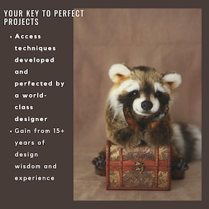 Op de afbeelding: Een pluche wasbeer speelgoed dat op een houten schatkist zit. De wasbeer is bruin en grijs met een witte borst en een zwart masker rond zijn ogen. De tekst "YOUR KEY TO PERFECT PROJECTS" is zichtbaar op de achtergrond.