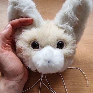 May include: A white fur head with large ears, brown eyes, and a white nose. The head is being held by a hand.